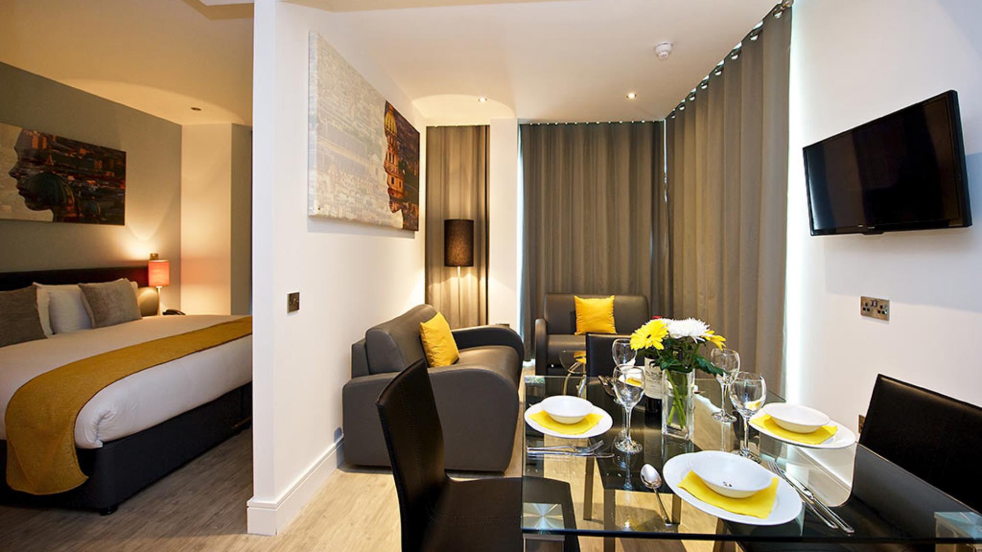 The modern interior of an apartment at StayCity Aparthotels on Greenwich High Road.
