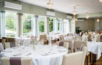 The Meridian Restaurant at The Clarendon Hotel overlooks the beautiful gardens.