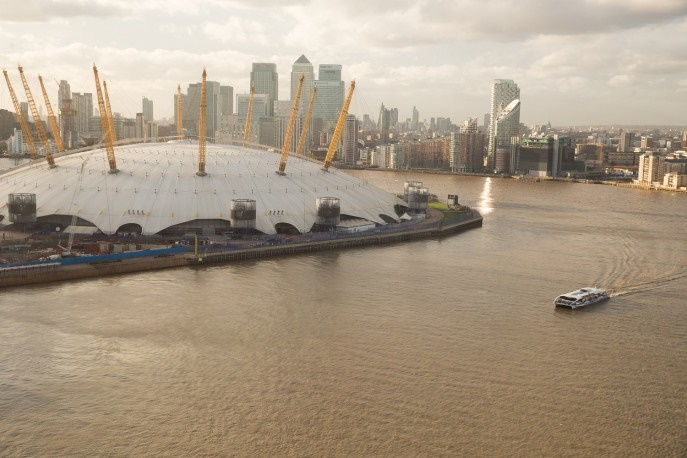 exterior view of the o2 venue and aerial view of river thames in Greenwich