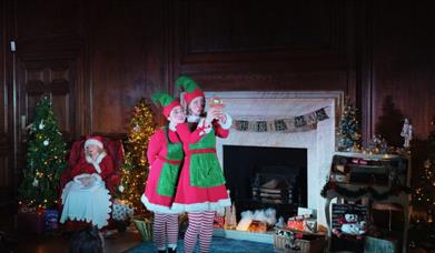 Two actors dressed as elves are performing in a cozy Christmas room.