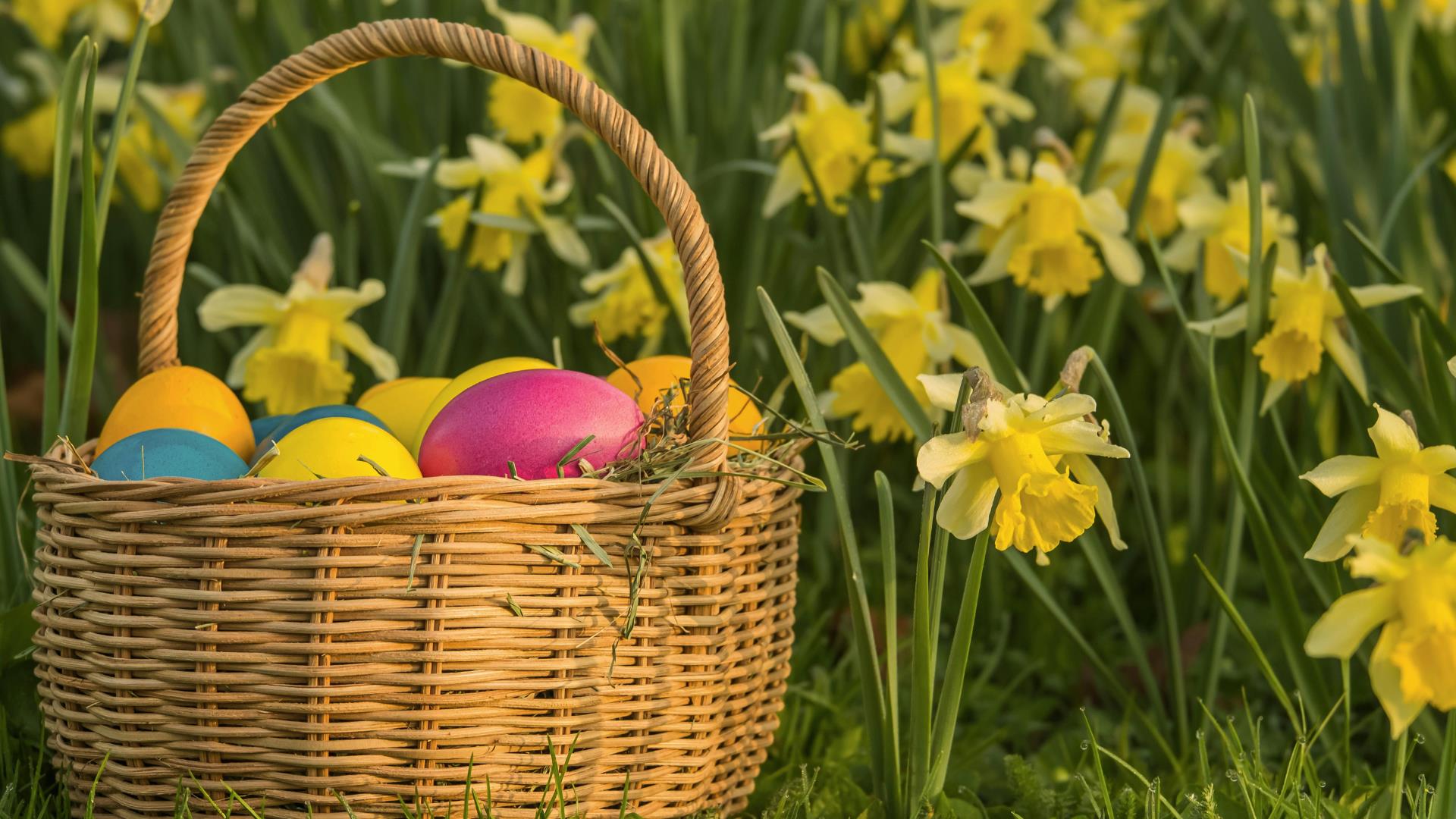 A basket with colourful Easter Eggs.