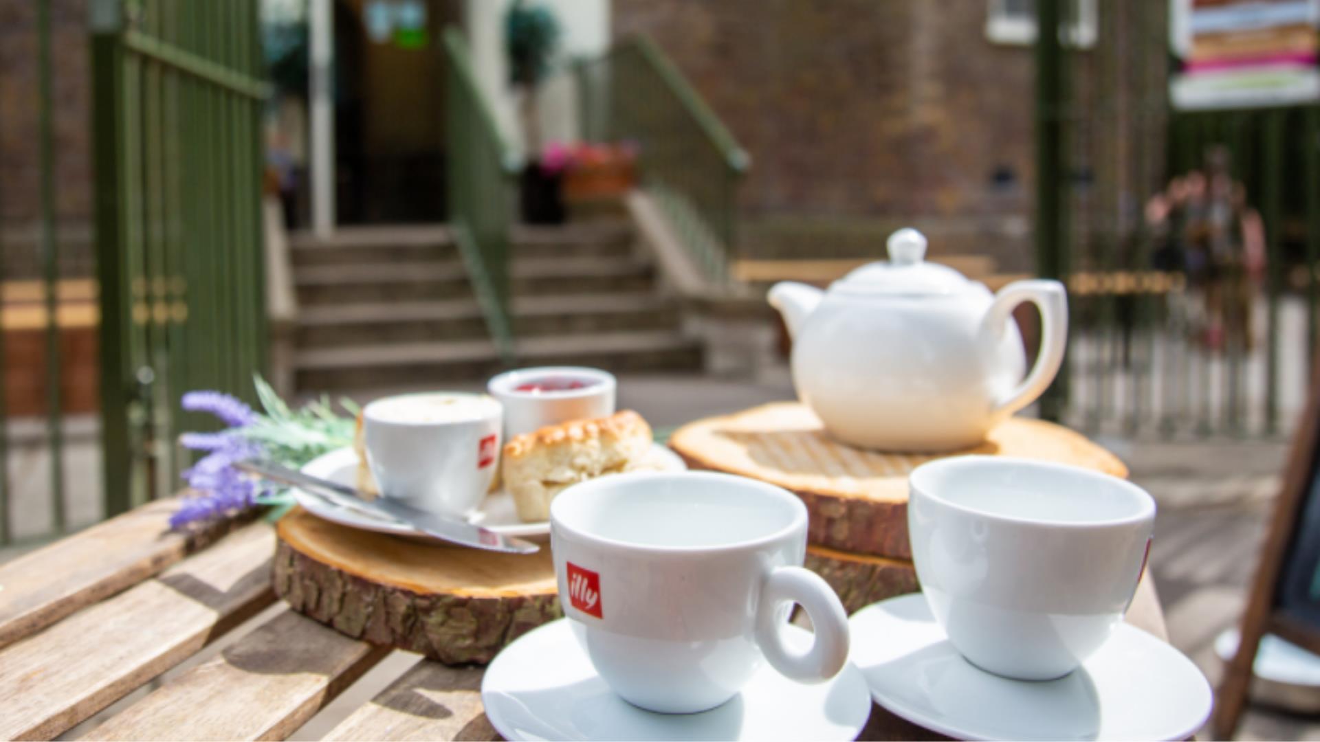 A table with a tea set outside Severndroog Castle in Greenwich.