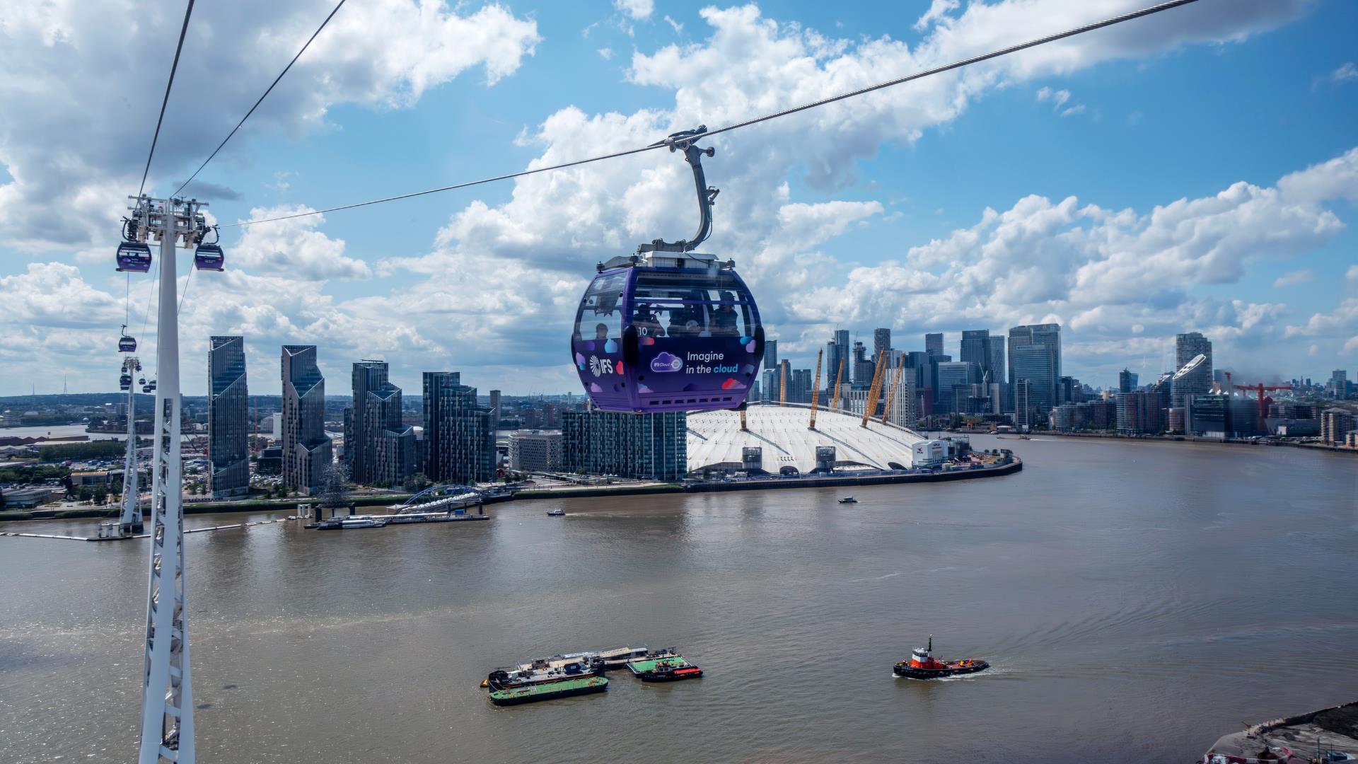 The London Cable Car overlooking the Greenwich Peninsula with The O2 Arena in the background.
