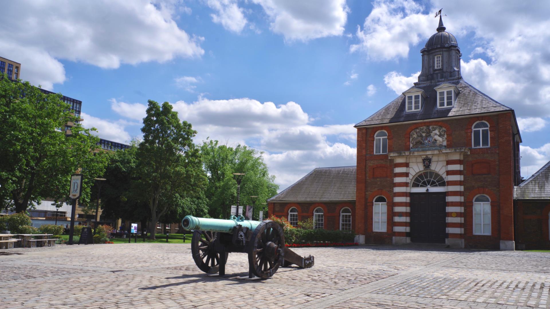 A canon stands at the top of Royal Arsenal in Woolwich.