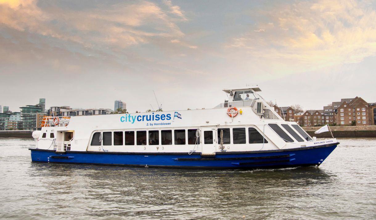 Blue and white City Cruises boat on the River Thames