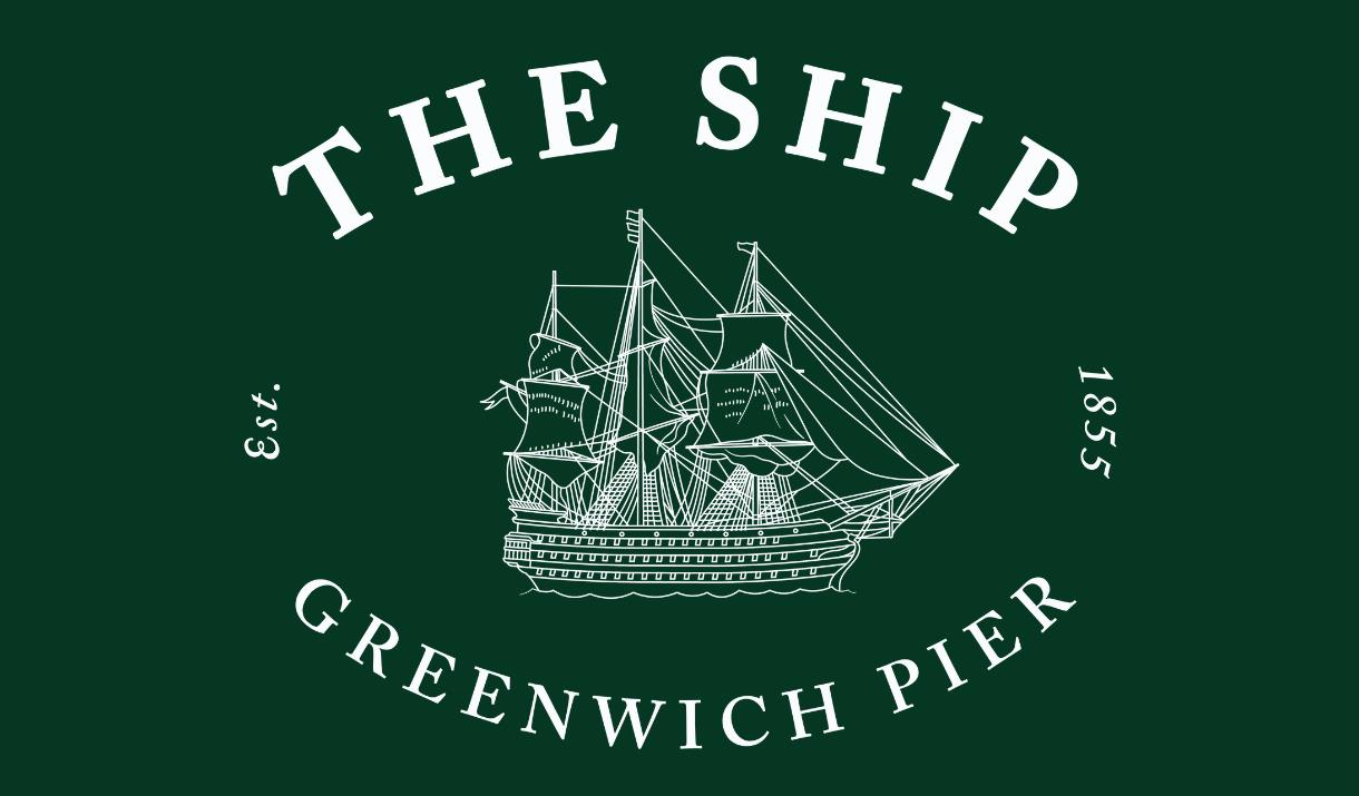 A drawing of a ship. The Ship - Greenwich Pier est. 1855