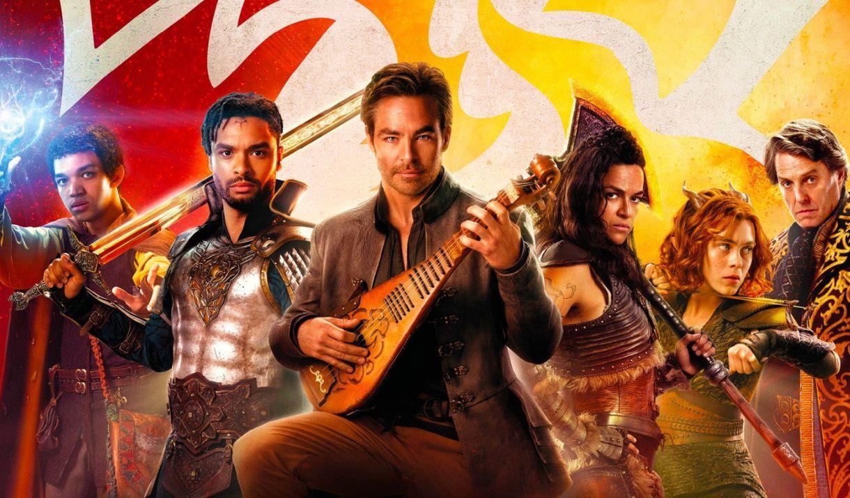 Film poster for Dungeons & Dragons showing six characters dressed in roleplaying costume and holding weapons or musical instruments
