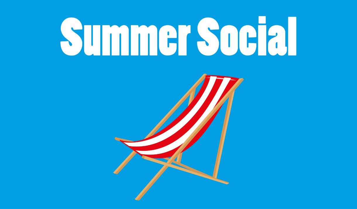 A red and white deck chair on a blue background with the words summer social