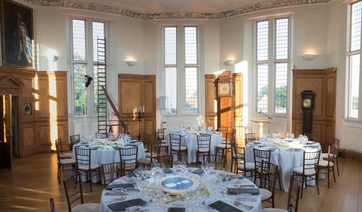 White banqueting round tables setup at the Octagon Room in Flamsteed House, Royal Observatory