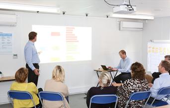 Inside the ahoy centre training room, featuring a projector board and multiple desks.
