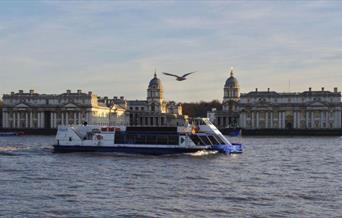 City Cruises boat on river Thames with Old Royal Naval College in the background