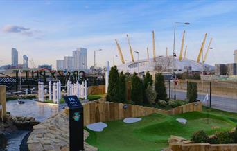 The view of The O2 from CrazyPutt Adventure Golf on Greenwich Peninsula.