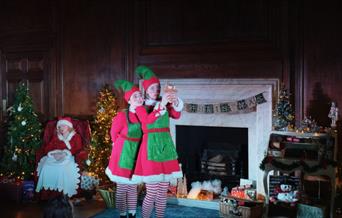 Two actors dressed as elves are performing in a cozy Christmas room.