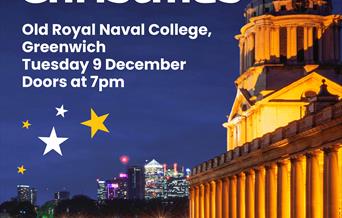Poster of A Celebration of Christmas event at the Old Royal Naval College in Greenwich, the image shows the illuminated building at night