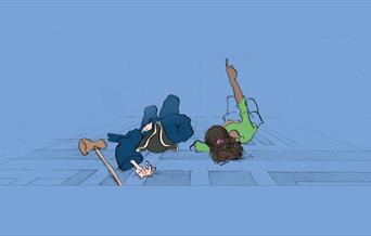 One of Nick Ellwood's illustration with blue background and a boy dressed as a pirate and lady pointing her finger to the sky are lying on the ground.
