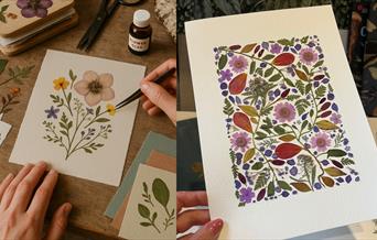 A seasonal art workshop exploring the mindful craft of pressed flowers, where you’ll learn to preserve blooms and create your own pressed flower artwo