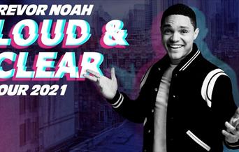 Trevor Noah smiling and wearing black jacket with white stripes in the artwork for Trevor Noah Loud & Clear Tour.