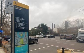 Park Row Car Park in Greenwich. Showing a medium sized car park with disabled and non disabled bays.