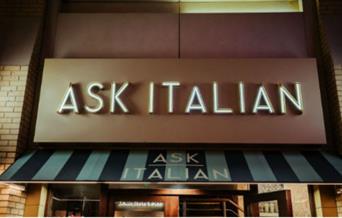 Ask Italian entrance image with brown doors and striped two shade green awning with name written in white .