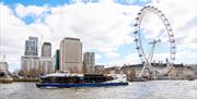 Blue and white City Cruises boat on the River Thames passing the London Eye