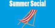 A red and white deck chair on a blue background with the words summer social