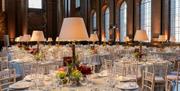 white banqueting round tables setup in the Painted Hall for formal dinner
