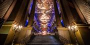 Stairs and columns at the grand entrance of the Painted Hall