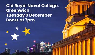 Poster of A Celebration of Christmas event at the Old Royal Naval College in Greenwich, the image shows the illuminated building at night