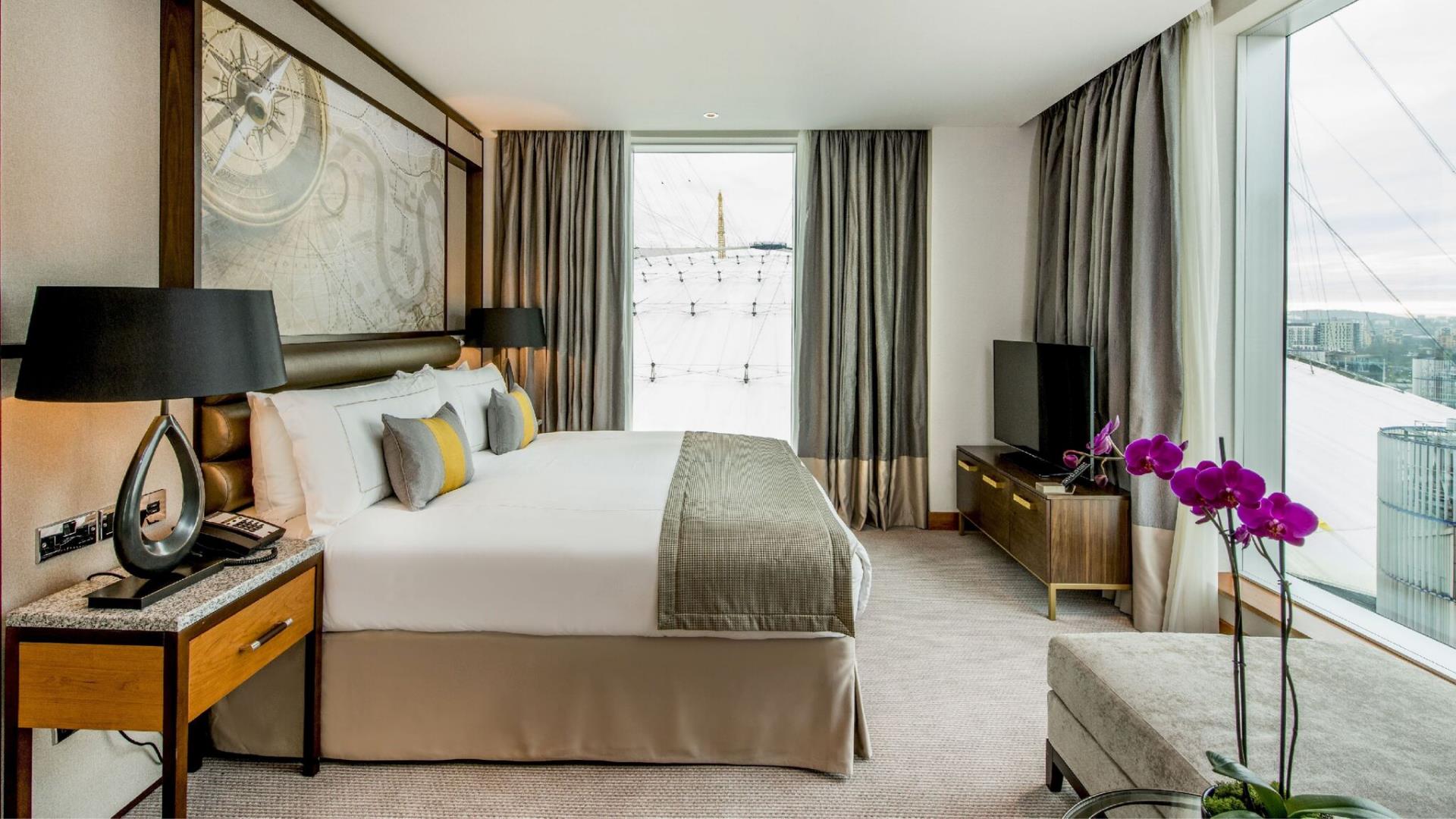 A luxurious hotel room overlooking The O2 at the InterContinental London - The O2 on Greenwich Peninsula.