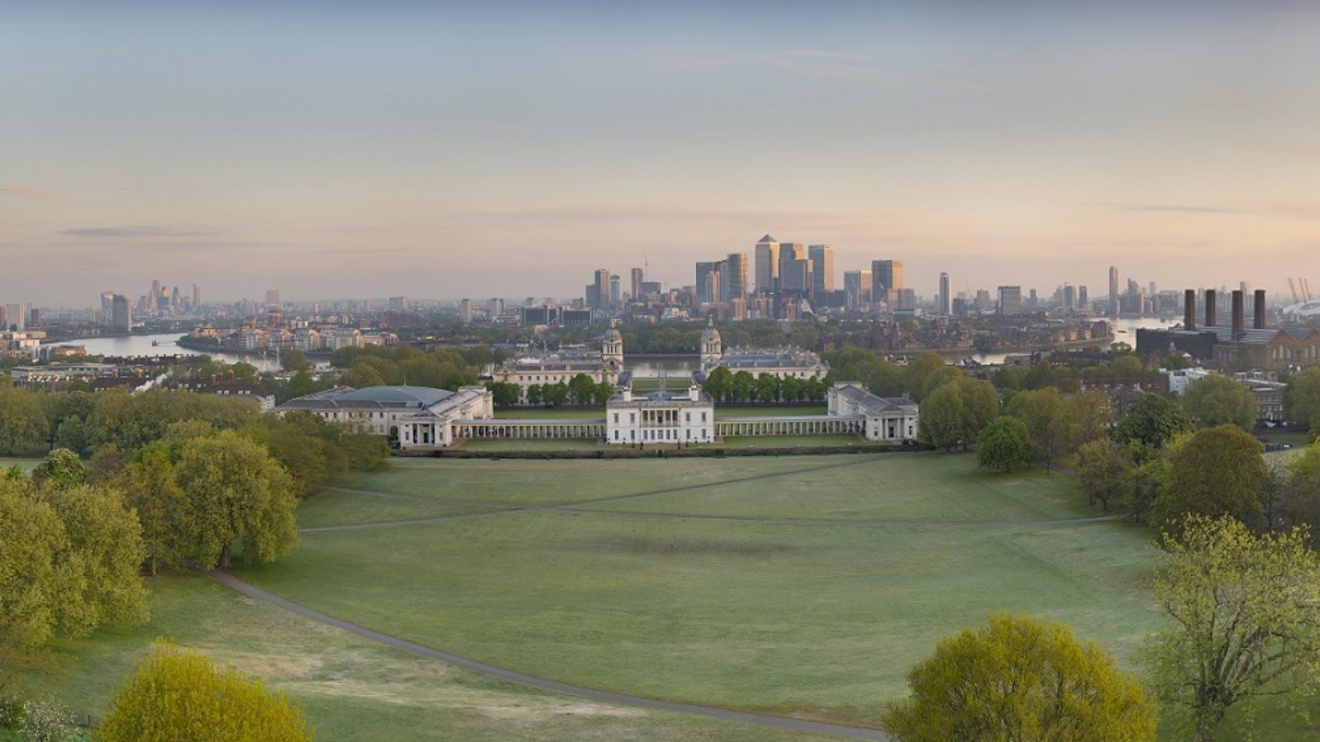 The view of Greenwich from a drone above Greenwich Park.
