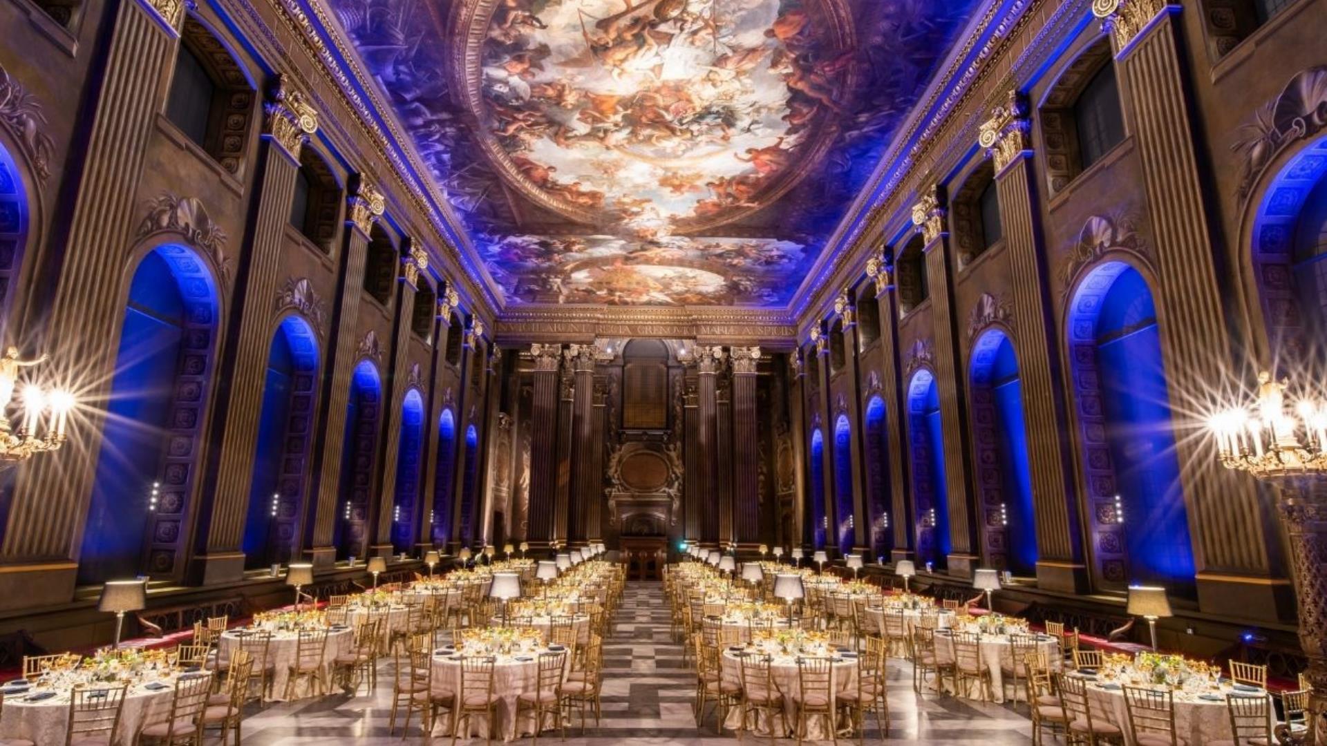 The Painted Hall at the Old Royal Naval College in Greenwich set up for a gala dinner.