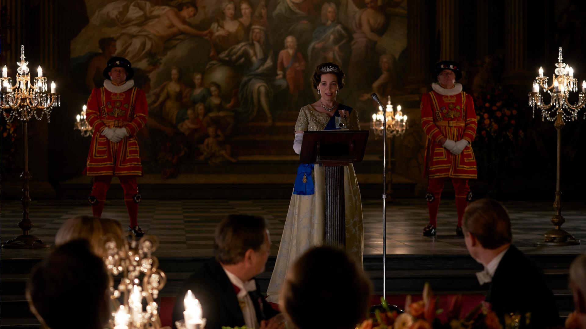 A shot of Olivia Coleman as The Queen in Netflix's The Crown, filmed on location at the Painted Hall, Old Royal Naval College.