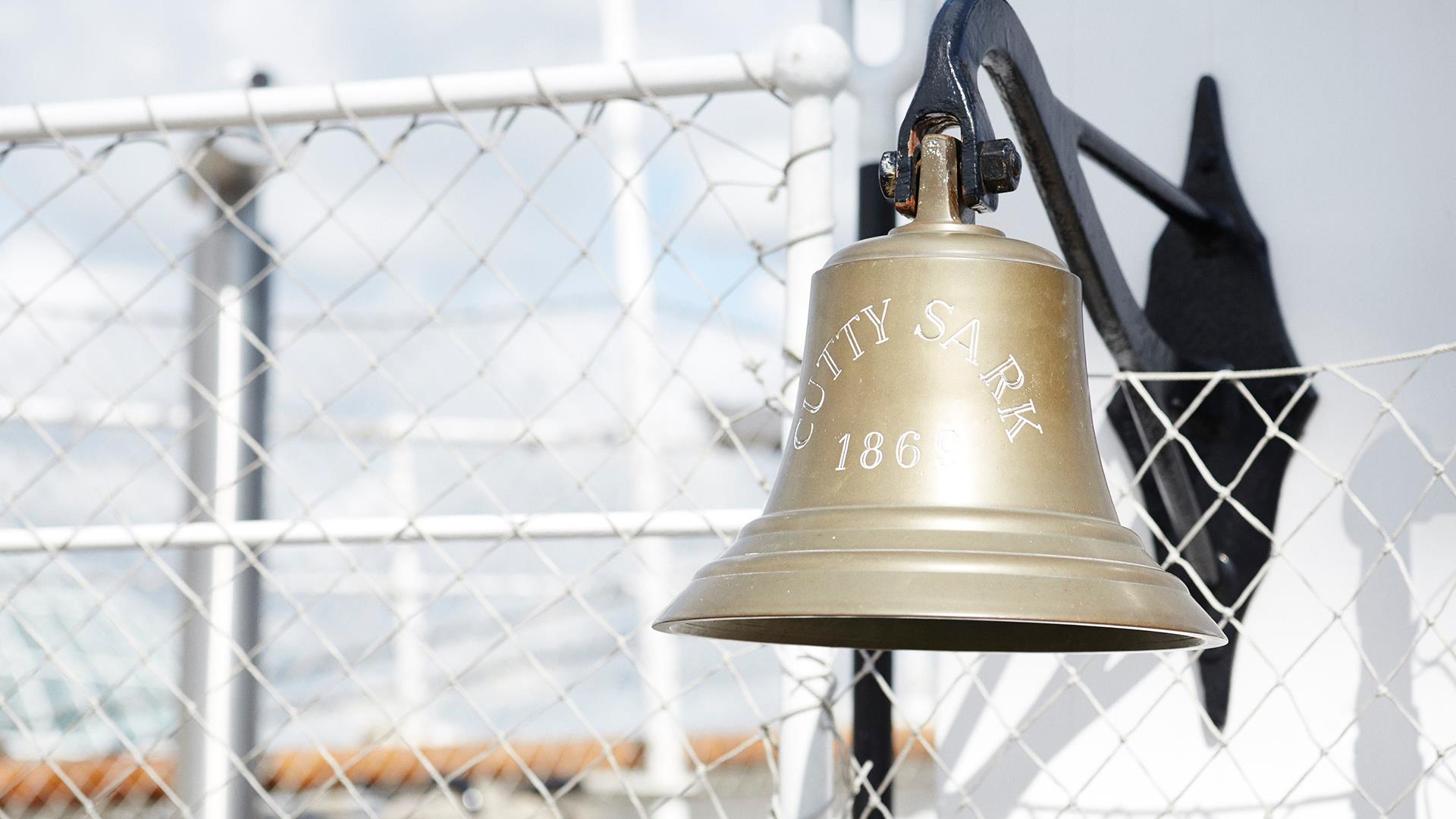 The bell on the upper deck of Cutty Sark in Greenwich. Inscribed Cutty Sark 1869.