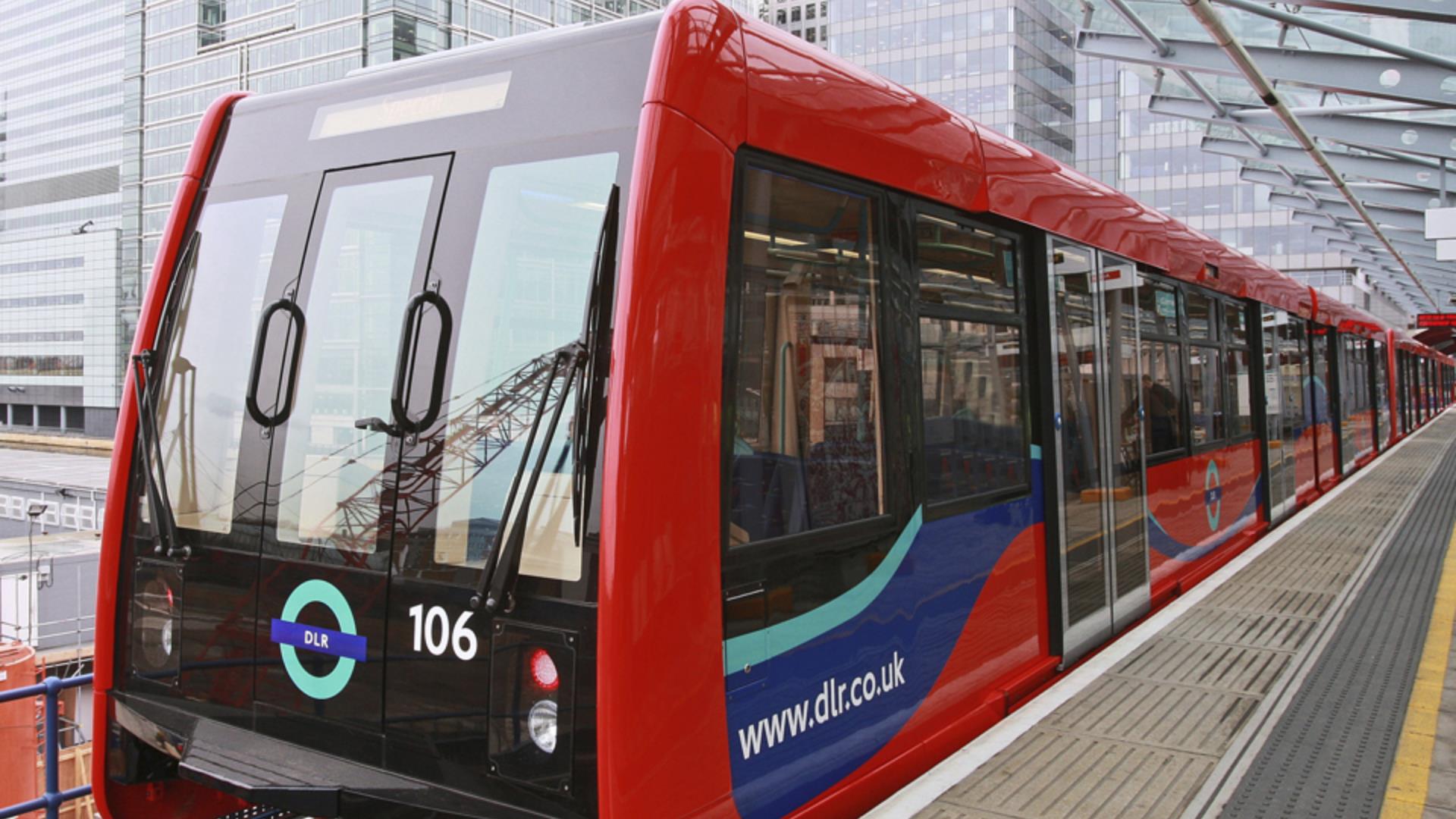 A Docklands Light Railway (DLR) train at a station in Canary Wharf on its way to Greenwich.