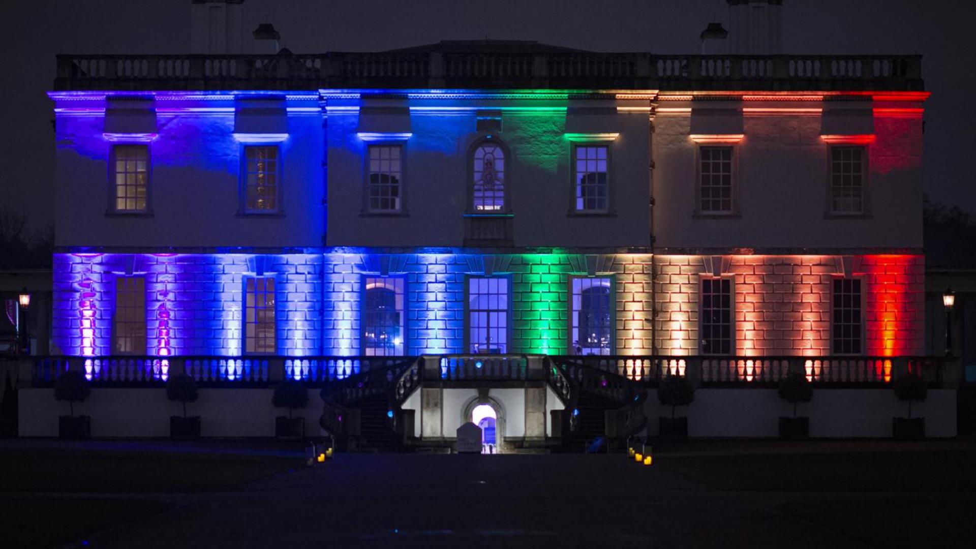 The Queen's House in Greenwich lit up with rainbow lights for LGBTQ+ month.