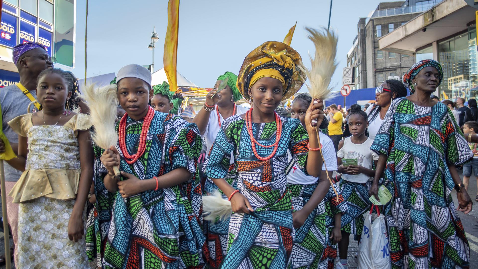 A group of children in traditional African dress at Woolwich Carnival.