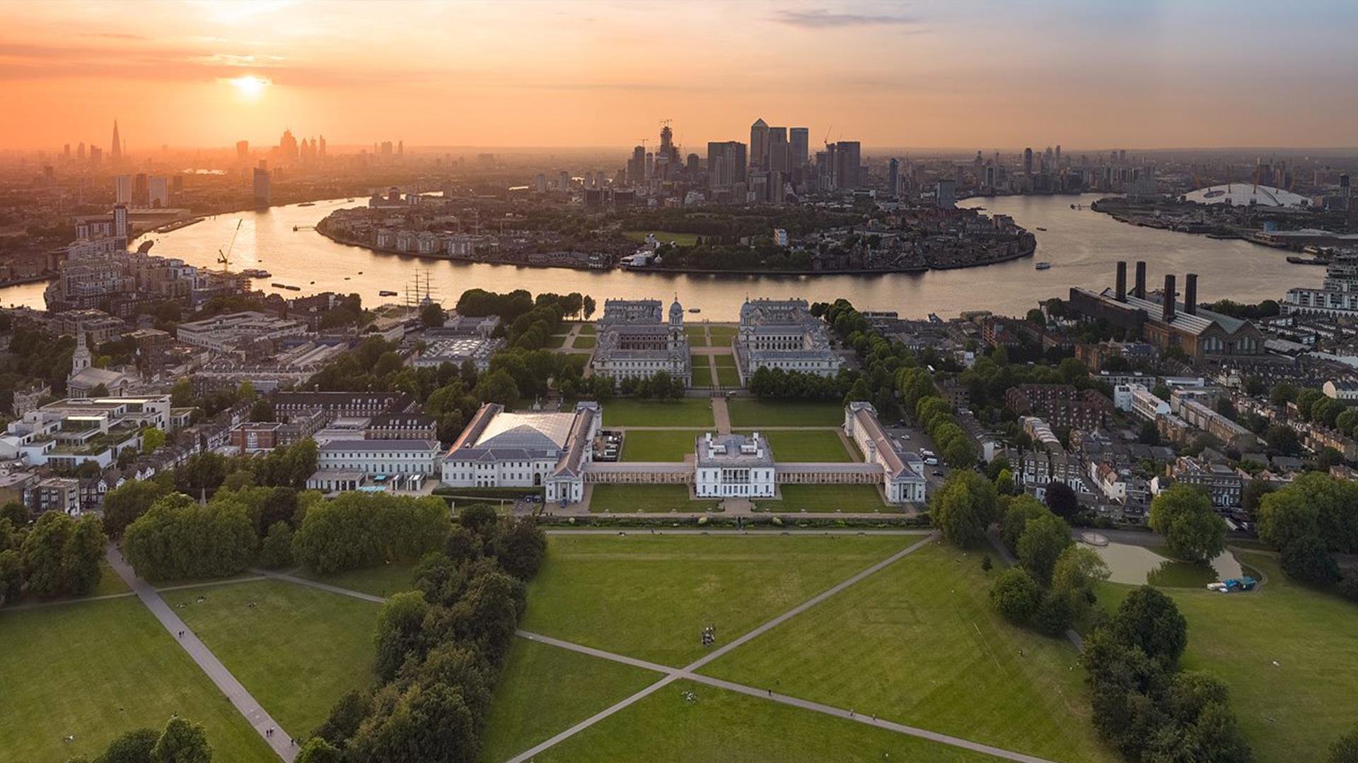 A drone image of UNESCO Maritime Greenwich World Heritage Site from above.