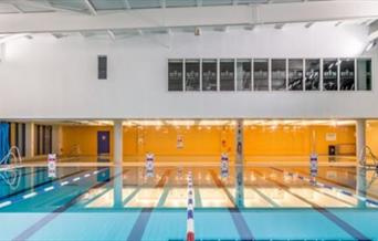 Inside Thamesmere Leisure Centre, showing a bright blue swimming pool.