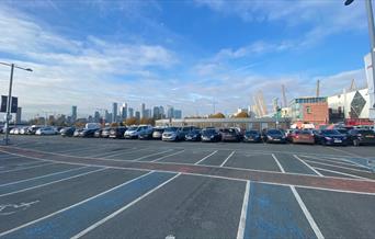 The O2 Car Park. This image shows a large car park with disabled and non disabled bays.