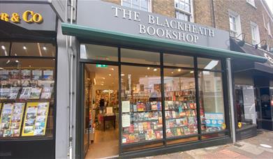 Outside Blackheath Bookshop. Showing an extraordinary shop with a huge selection to choose from.