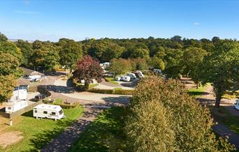 Image of inside Abbey Wood Park with big green trees and Caravan Site around it.