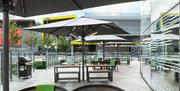 Outside dining space at Aloft London Excel Hotel in Royal Victoria Dock