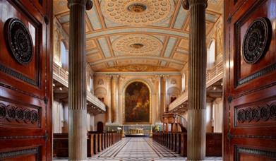 Brown doors and columns of the entrance to the Chapel, Old Royal Naval College