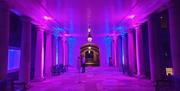 Two people standing in the Colonnades, Royal Museums Greenwich Grounds in a purple light
