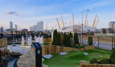 The view of The O2 from CrazyPutt Adventure Golf on Greenwich Peninsula.