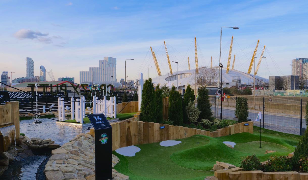 The view of The O2 from CrazyPutt Adventure Golf on Greenwich Peninsula.