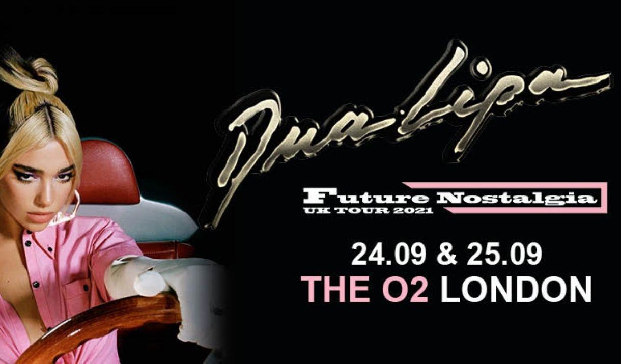 Dua Lipa wearing pink, driving a car in the artwork for the Future Nostalgia Tour
