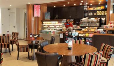 The interior of the Emirates Aviation Experience cafe.