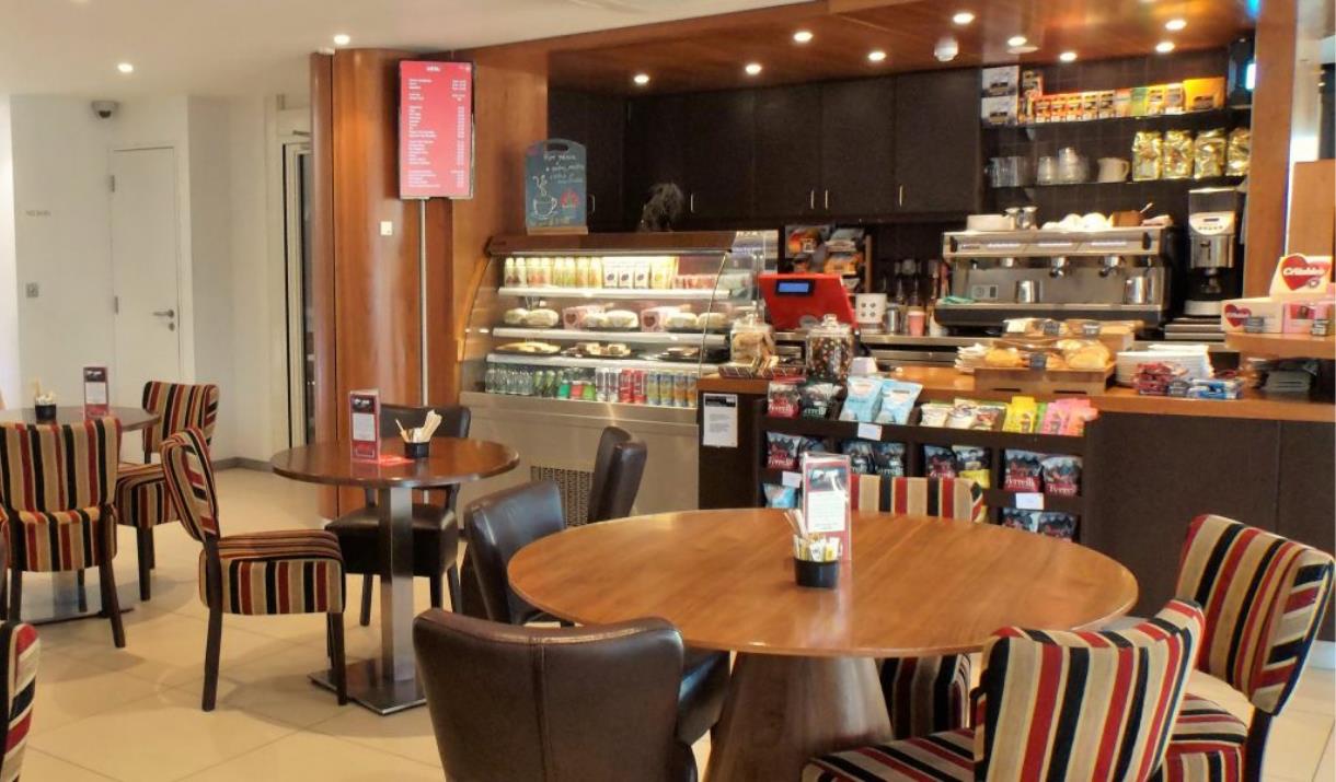 The interior of the Emirates Aviation Experience cafe.