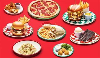 Frankie and Benny's serves Italian American cuisine including pizzas, pastas, burgers, chicken strips and more.